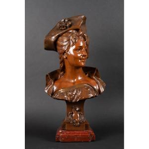 Buste de dame au chapeau, Émile Pinedo (1840-1916), bronze, France, fin du XIXe siècle