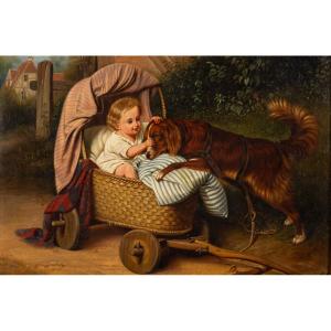 Child In A Pram With A Dog, Monogram B. V. K., 1843, Germany, Biedermeier Period.   