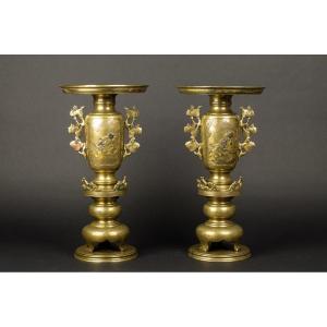 Paire De Vases Usubata, Japon Vers 1880, Bronze - Or - Argent