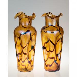 Pair Of Large Iridescent Vases, Pampas, Kralik, Art Nouveau, Bohemian, Around 1900