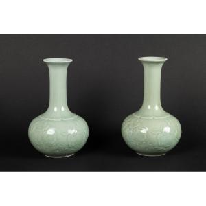 Paire De Vases, Céladon, Corée, 19e/20e Siècle.  