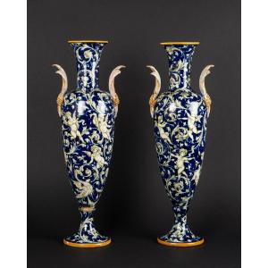 Pair Of Vases, Neo-renaissance, Italy, Molaroni, Pesaro, 19th/20th Century.