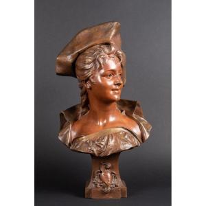 Buste De Dame à Chapeau, Émile Pinedo (1840-1916), Bronze, France, Fin Du XIXe Siècle. 