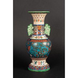 Cloisonne Vase On Pottery, Totai-shippo, Japan, Meiji Era (1868-1912)