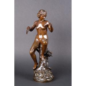 Nymphe Jouant De l'Aulos, Armand Pierre Louis Quénard (1865-1925), Bronze, France, Fin Du XIXe 