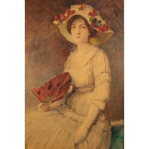Grand Portrait d'une Femme Avec un Éventail, Albert Pinot, 1910, Pastel, Post-impressionnisme 