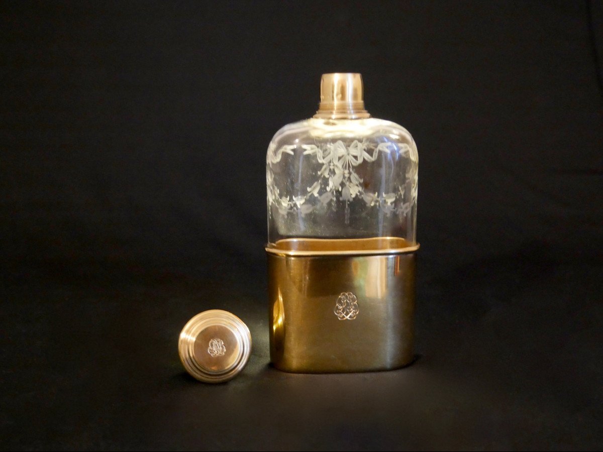 Flasque en argent-vermeil et cristal par Gustave Keller - Argenterie - Flacon de voyage-photo-3