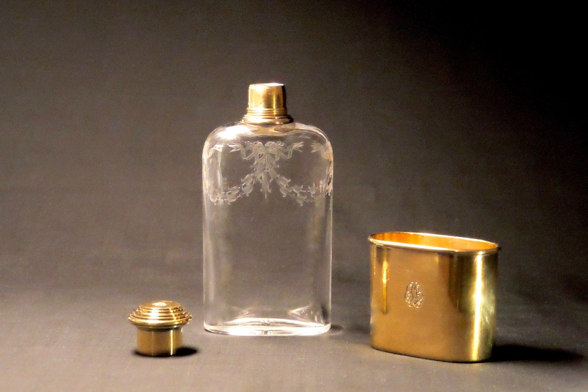Flasque en argent-vermeil et cristal par Gustave Keller - Argenterie - Flacon de voyage-photo-4