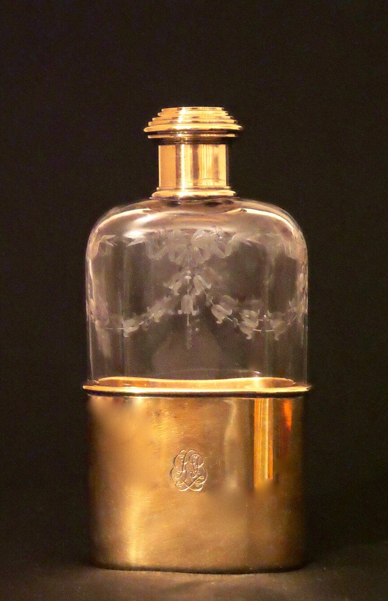 Flasque en argent-vermeil et cristal par Gustave Keller - Argenterie - Flacon de voyage-photo-1