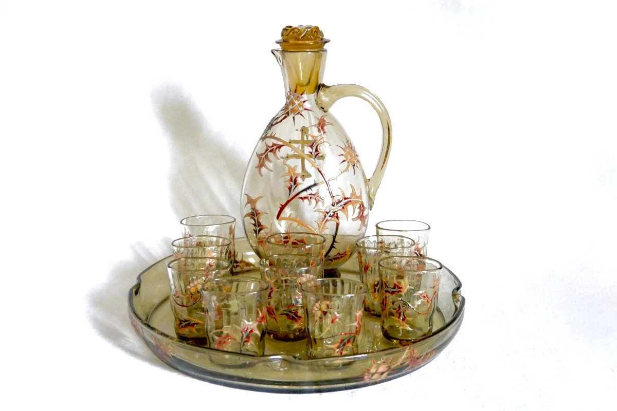 Émille Gallé - Service à liqueur émaillé croix de Lorraine - Verrerie Art-Nouveau
