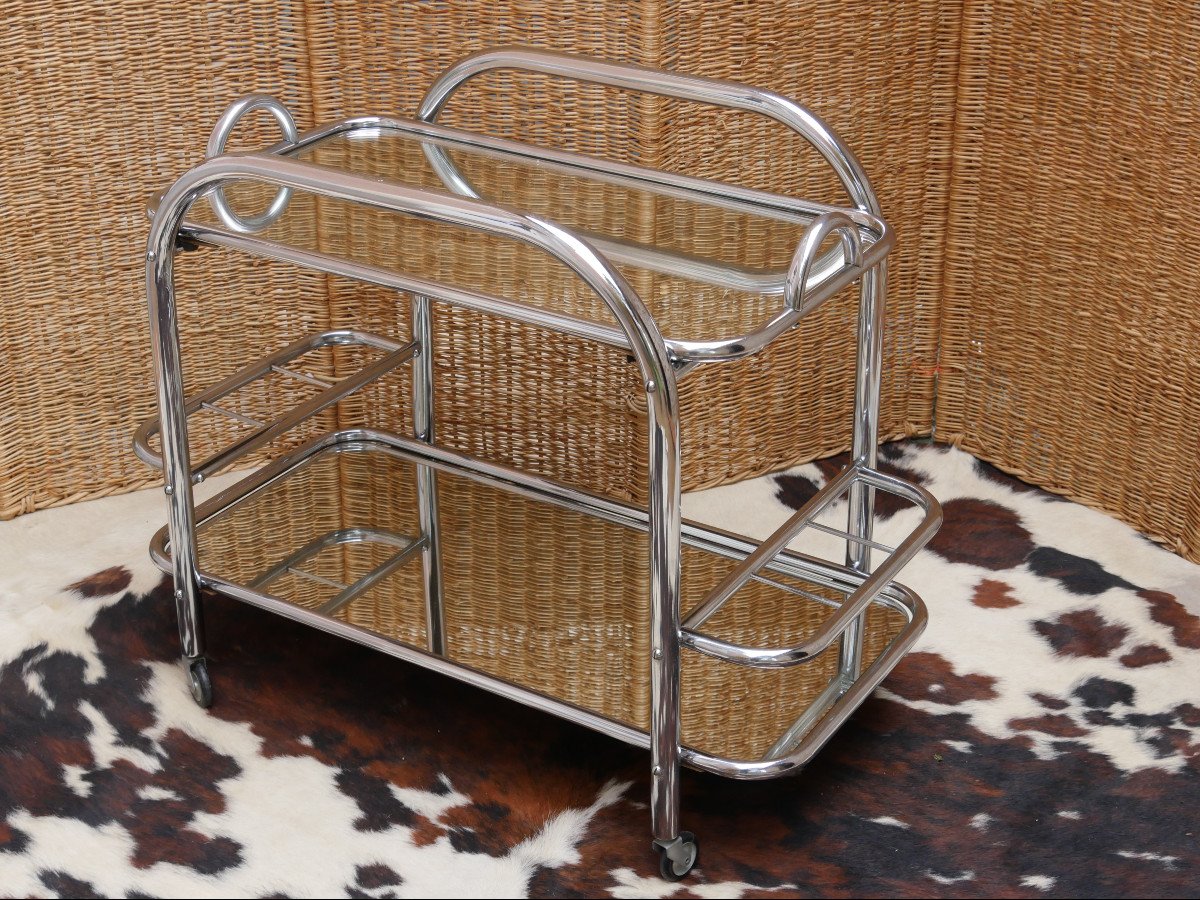 Rolling Table - Serving Bar - Stainless Steel Serving Trolley In The Spirit Of Jacques Adnet-photo-2