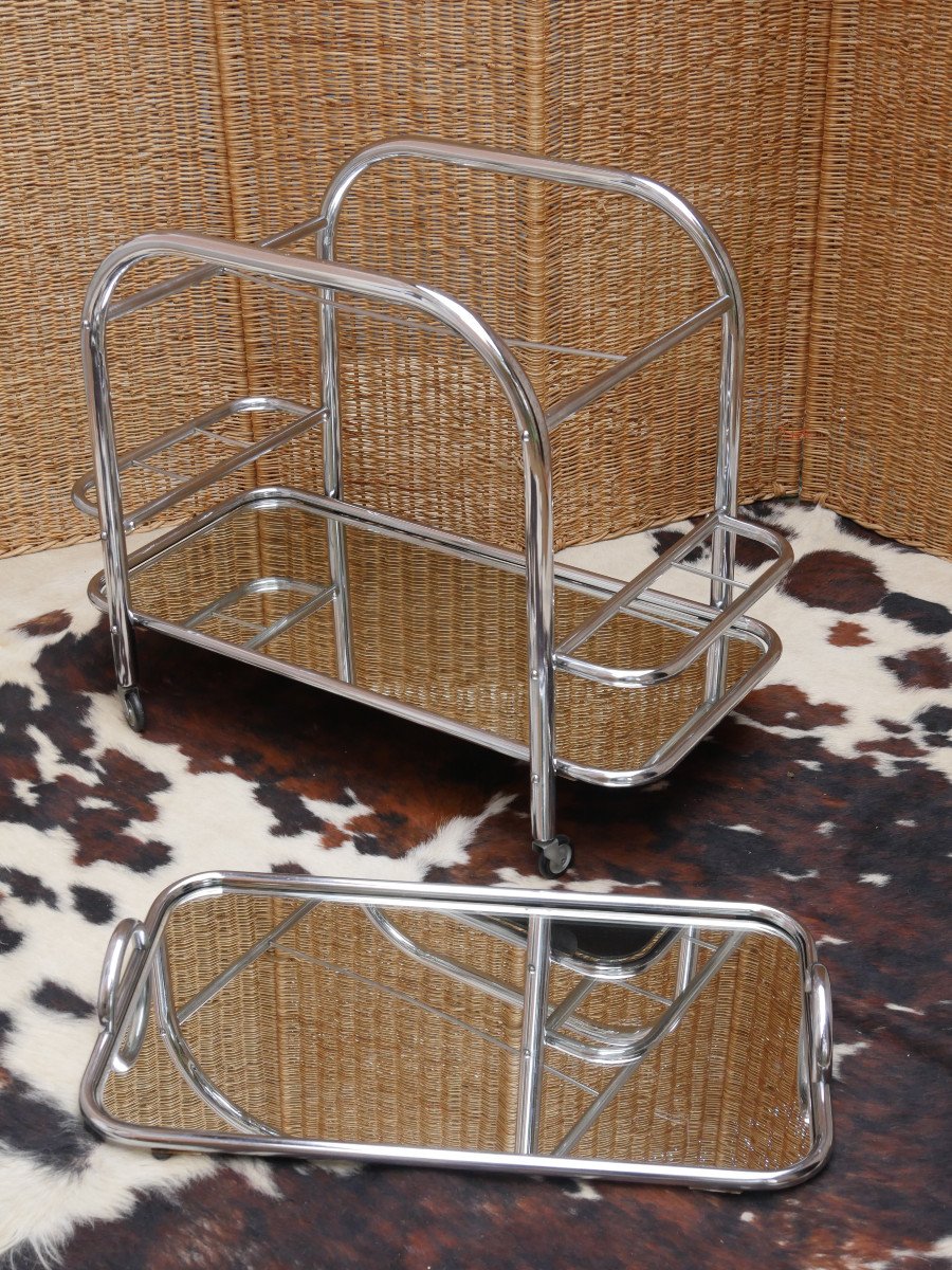 Rolling Table - Serving Bar - Stainless Steel Serving Trolley In The Spirit Of Jacques Adnet-photo-3