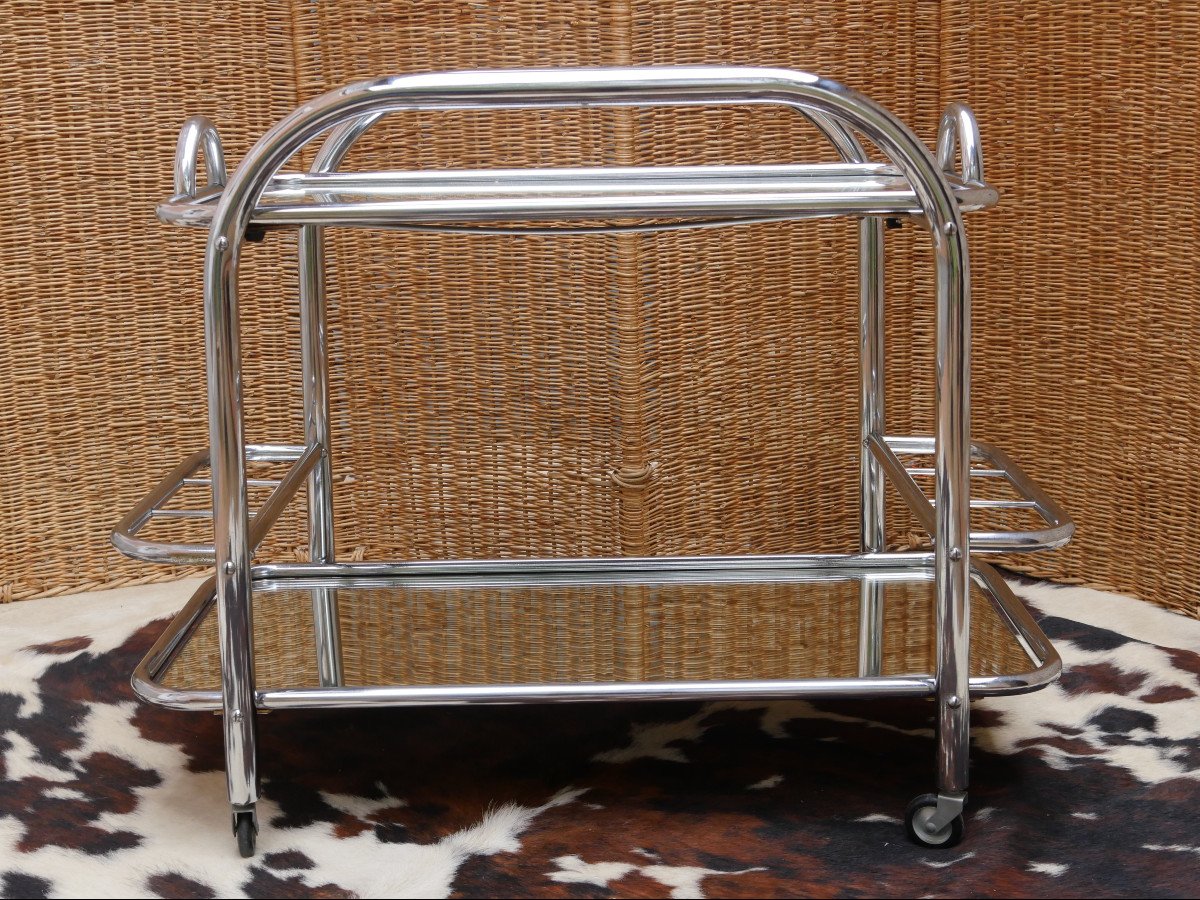Rolling Table - Serving Bar - Stainless Steel Serving Trolley In The Spirit Of Jacques Adnet-photo-4