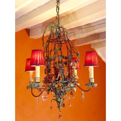 Cage Chandelier In Painted Sheet Metal, Patinated Iron And Pendants