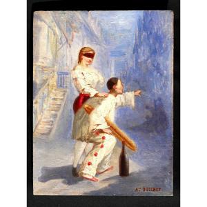 Tableau - Huile sur panneau signée Auguste Bouchet - Pierrot et Colombine