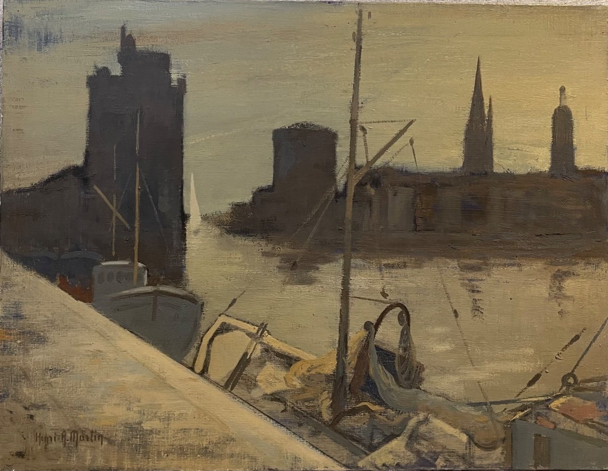 Henri-andré Martin (1918-2004) The Port Of La Rochelle Canvas Signed Lower Left