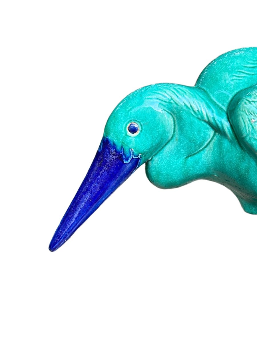 Héron Important Sujet En Céramique, émaillée Vert Et Bleu-photo-2