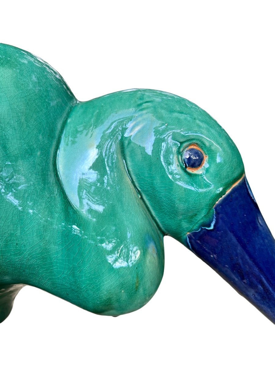 Héron Important Sujet En Céramique, émaillée Vert Et Bleu-photo-4