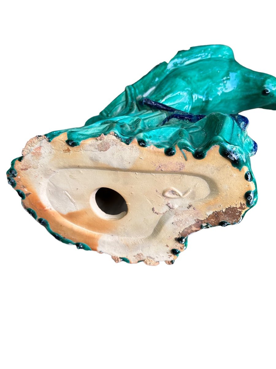 Héron Important Sujet En Céramique, émaillée Vert Et Bleu-photo-5