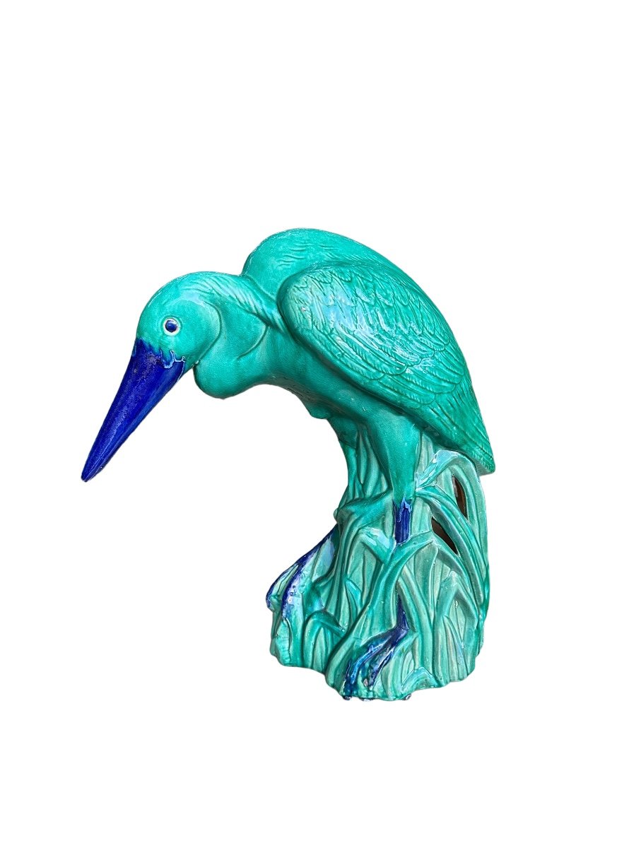 Héron Important Sujet En Céramique, émaillée Vert Et Bleu