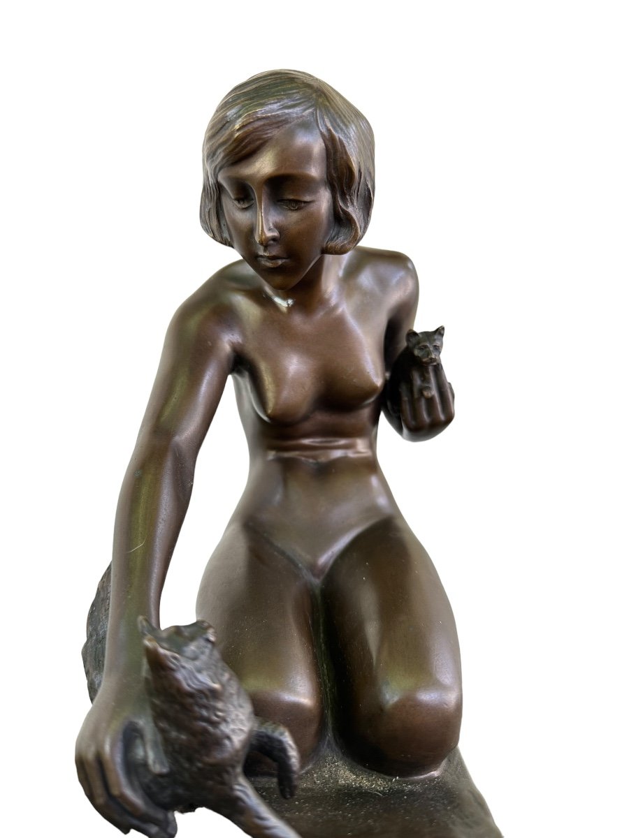 H.Plisnier Bronze Art Déco Femme Aux Chats -photo-4