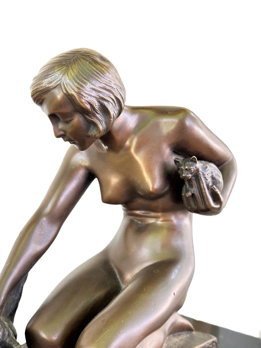 H.Plisnier Bronze Art Déco Femme Aux Chats -photo-1