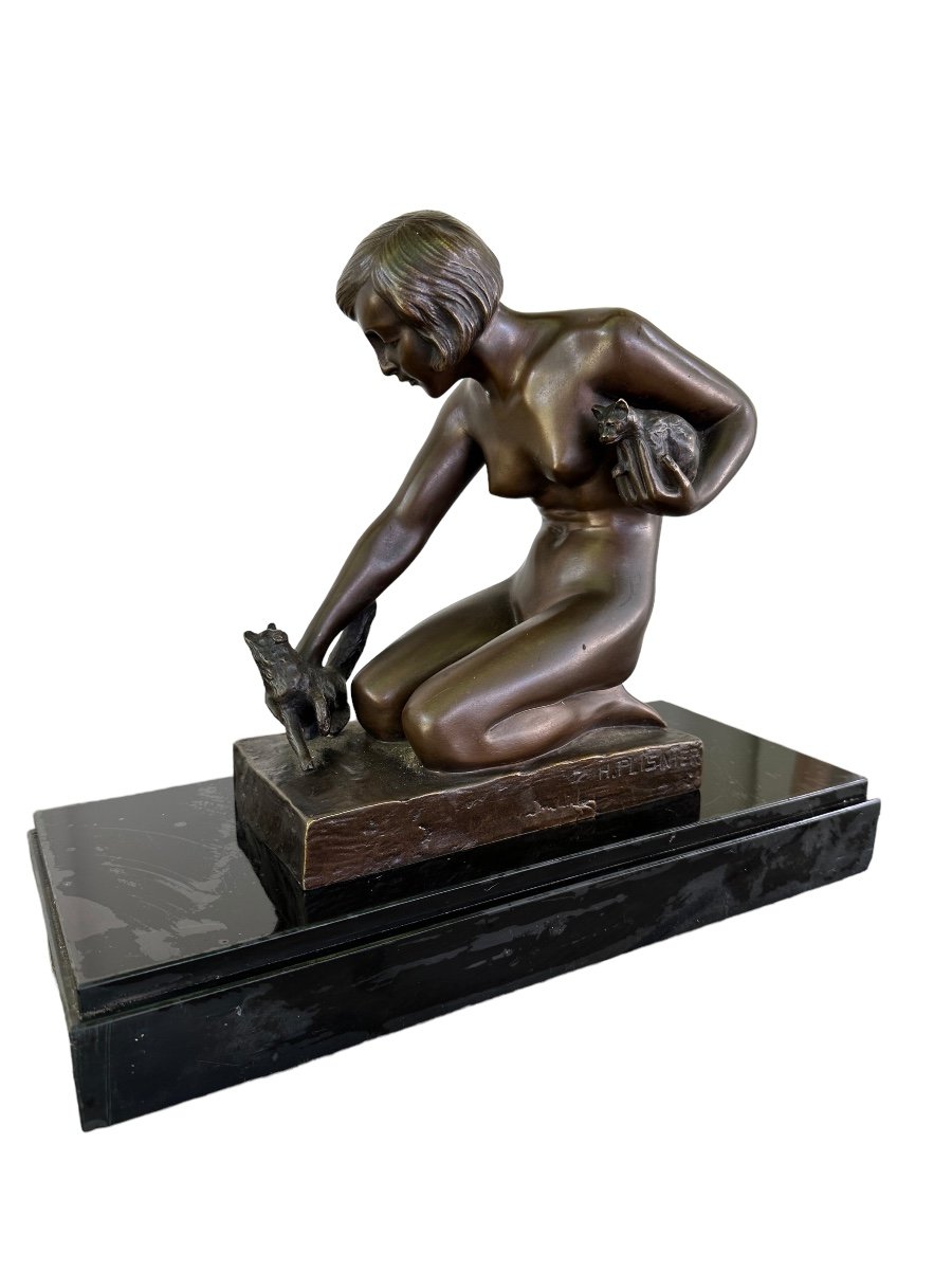 H.Plisnier Bronze Art Déco Femme Aux Chats 