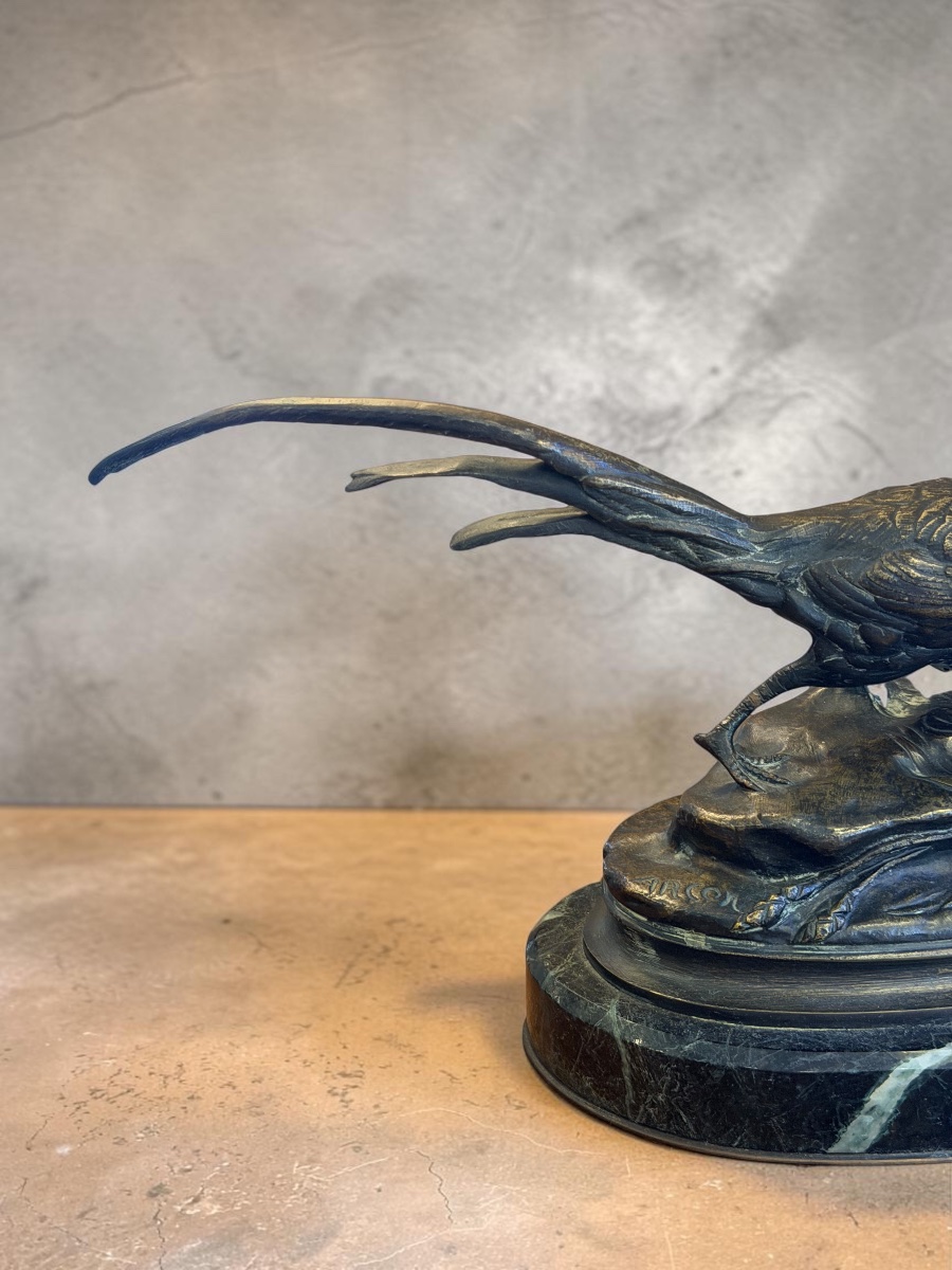 Sculpture D’un Faisan En Bronze Signé Arcon-photo-4