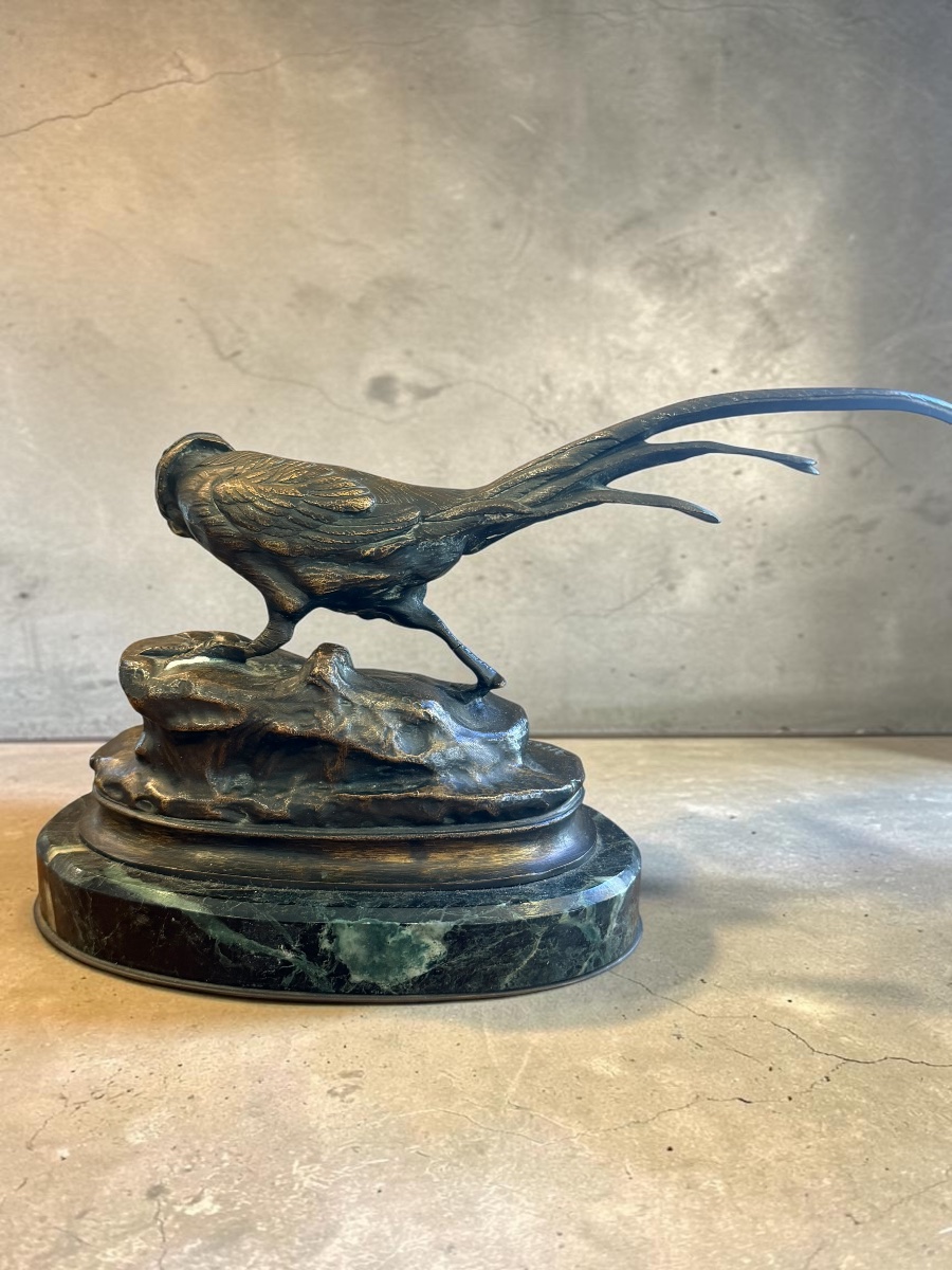 Sculpture D’un Faisan En Bronze Signé Arcon-photo-1