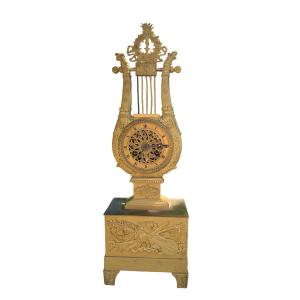 Horloge Pendule Lyre D’époque Empire En Bronze Doré 19ème