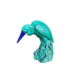 Heron Important Ceramic Subject, Green And Blue Enameled