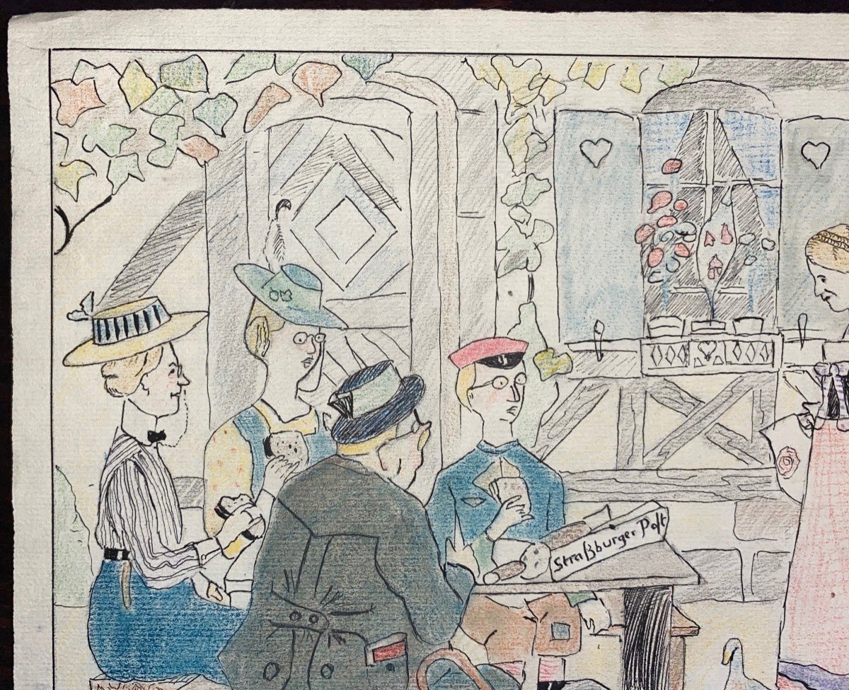 HANSI (1873-1951) Une famille de touristes Allemands - Alsace - Ancien dessin-photo-1
