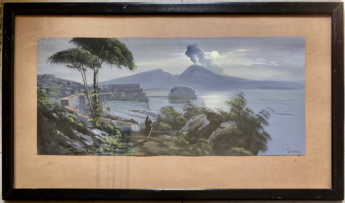 Maria Ada Gianni (1873 - 1956) Neapolitan Gouache Vesuvius Erupting At Night Seen From Naples-photo-2