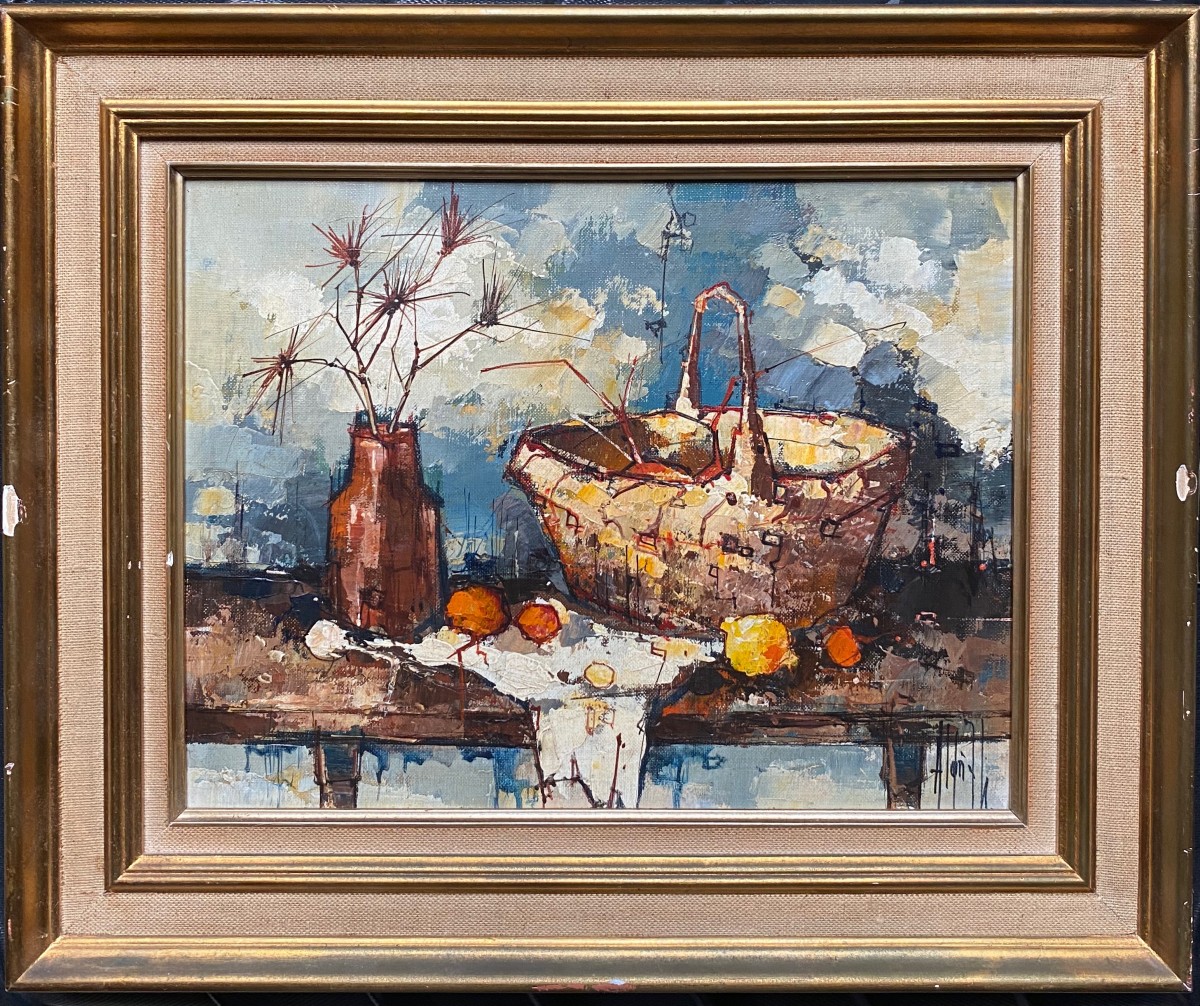 Signé à identifier era Bernard Buffet nature morte au panier 1950-photo-2