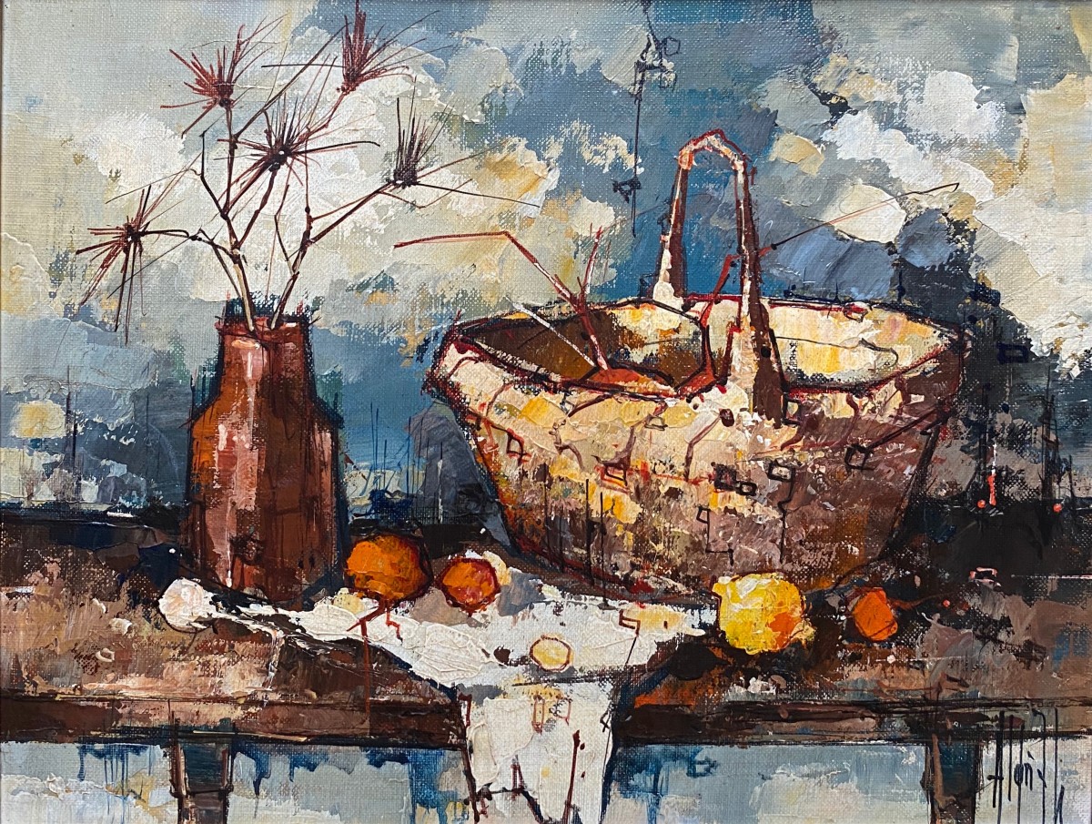 Signé à identifier era Bernard Buffet nature morte au panier 1950