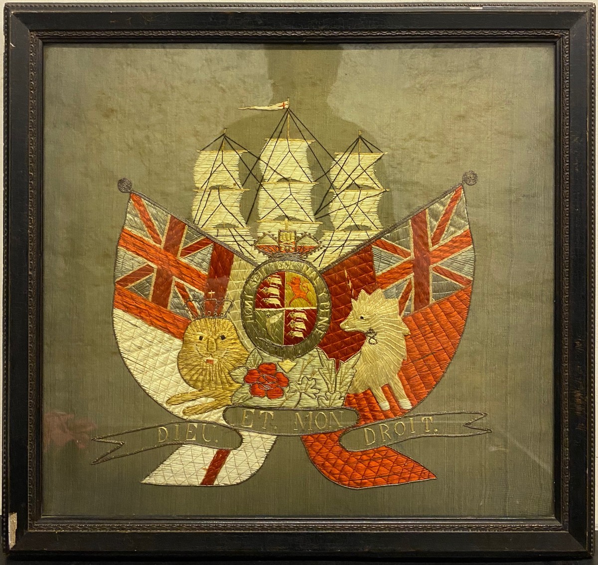 English sailor's woolwork (woolies) XIXè Dieu et mon droit / honi soit qui mal y pense