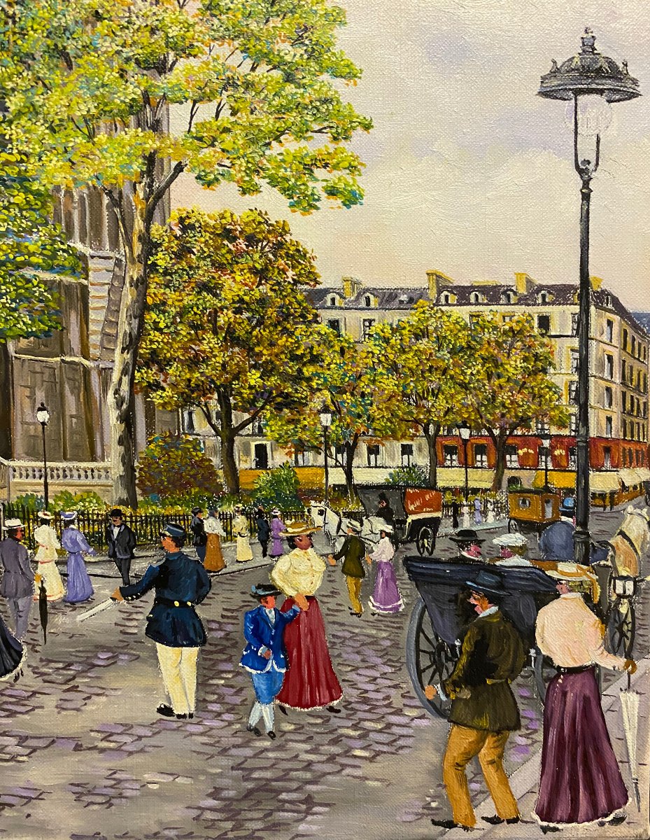 Michel Hermel (1934) Square And Saint Jacques Tower Paris Animated Naïve Art-photo-4