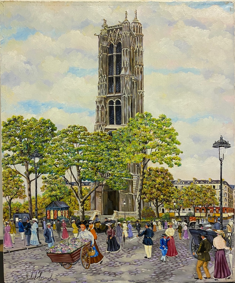 Michel Hermel (1934) Square And Saint Jacques Tower Paris Animated Naïve Art