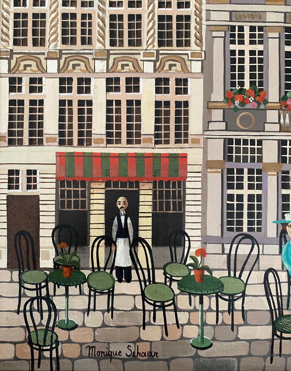 Monique SCHAAR (1939) Bruxelles la Grand Place Restaurant la brouette - Roi d'Espagne Art Naïf-photo-2