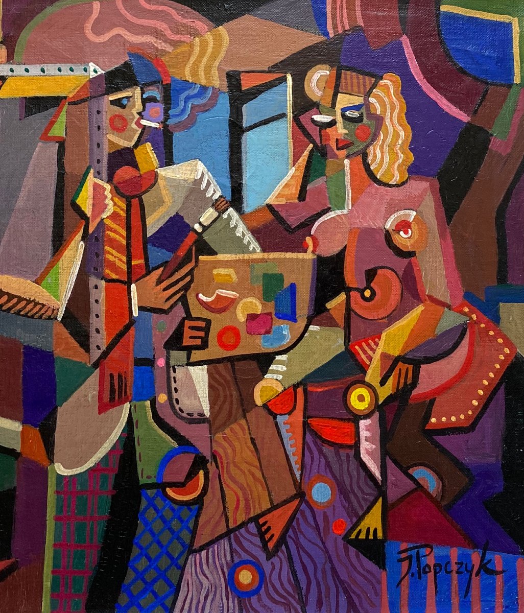 Jozef POPCZYK (1890-1971) Les deux modèles et le peintre dans l'atelier Cubisme-photo-4