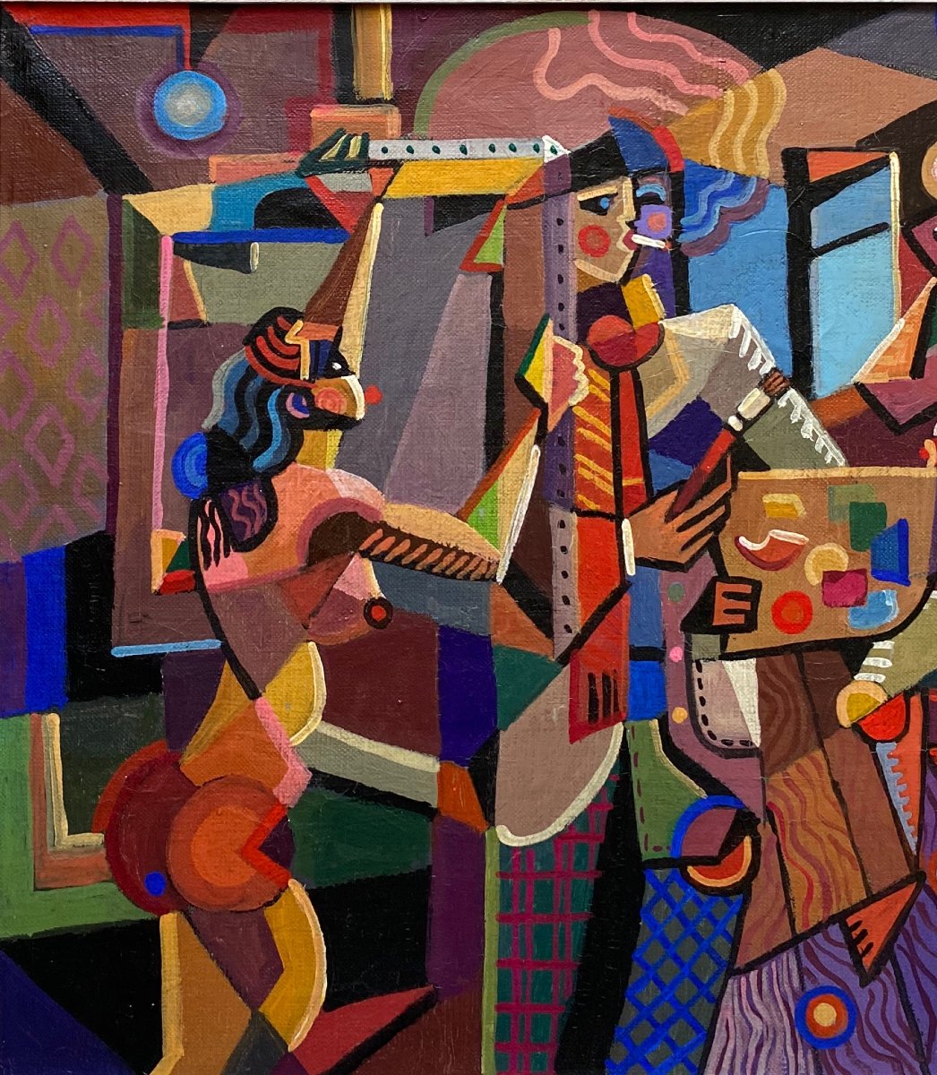 Jozef POPCZYK (1890-1971) Les deux modèles et le peintre dans l'atelier Cubisme-photo-1