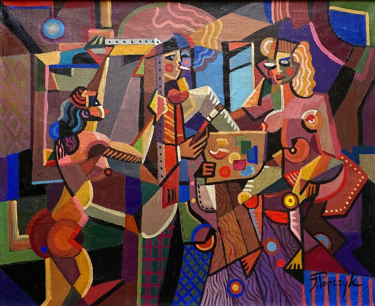 Jozef POPCZYK (1890-1971) Les deux modèles et le peintre dans l'atelier Cubisme