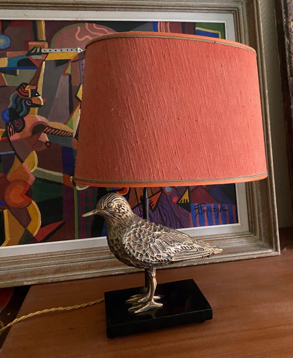 1960 Lampe à décor d'oiseau métal doré-photo-2