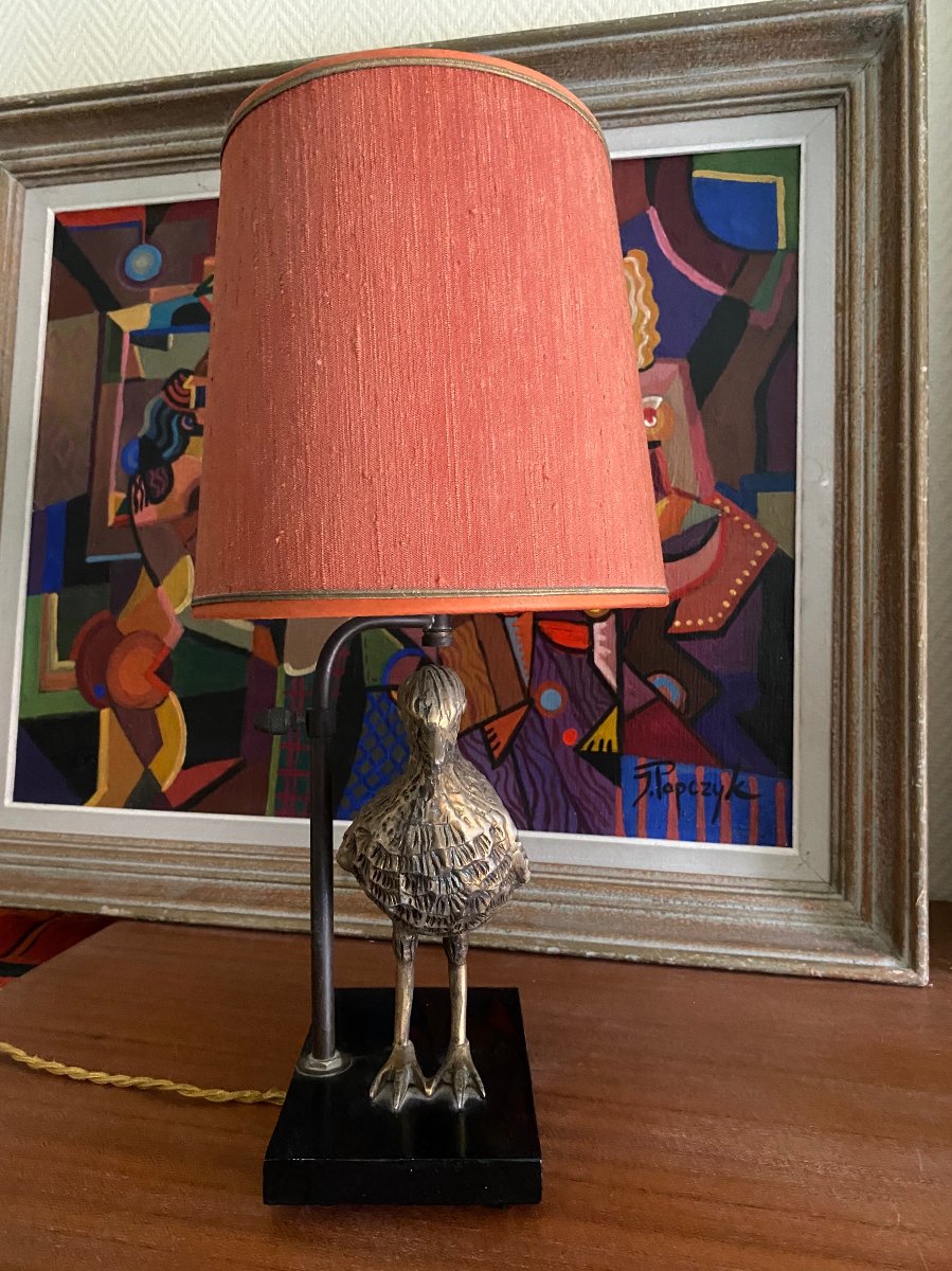 1960 Lampe à décor d'oiseau métal doré-photo-3