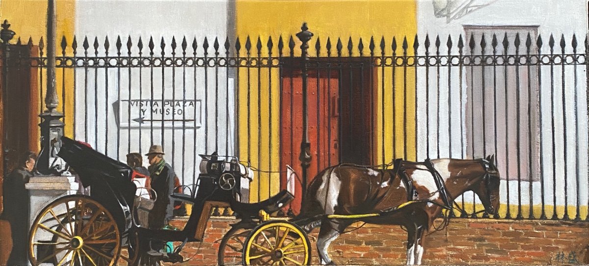 Lin Sheng (1944) Horse-drawn Carriage In Front Of A Museum Hyperrealism 