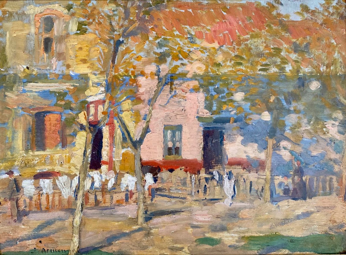 José Gausachs Armengol (1889–1959) Scene Of A Bustling Village, Dated 32, Spain