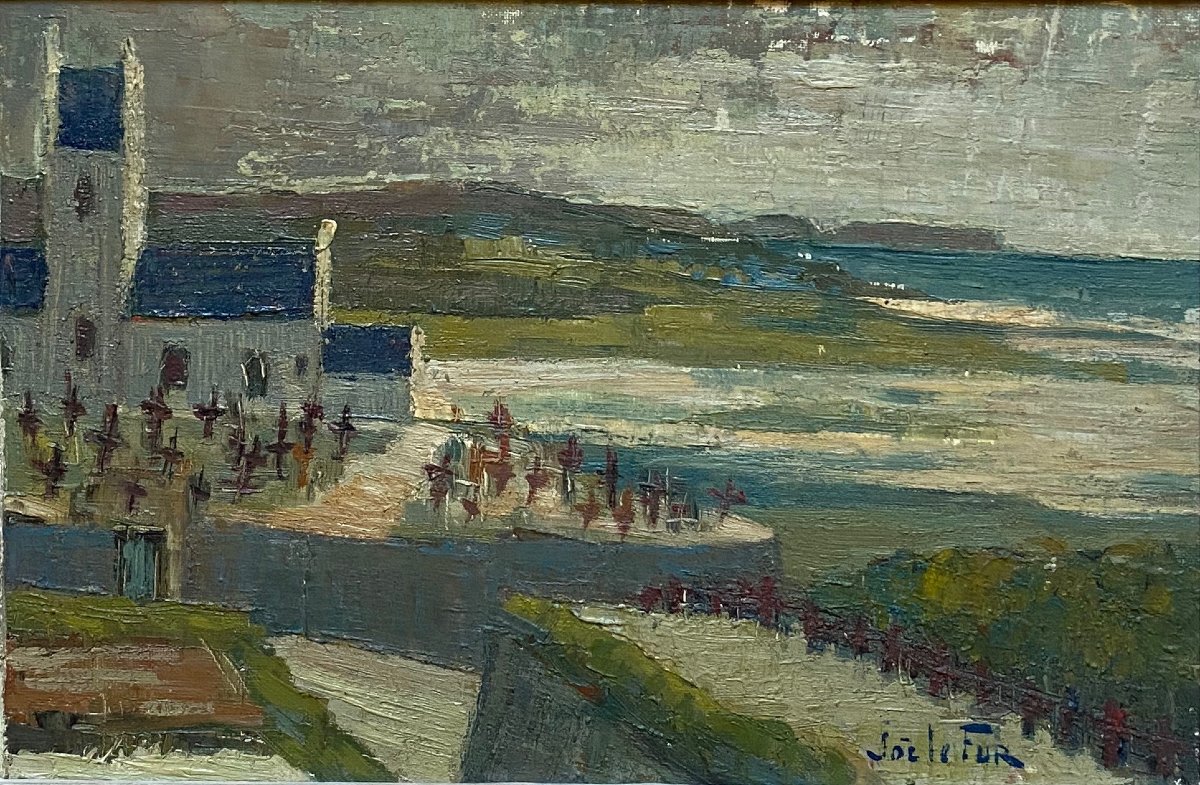 Joë LE FUR (1920-2001) Église face à la mer à identifier Benodet ? Bretagne