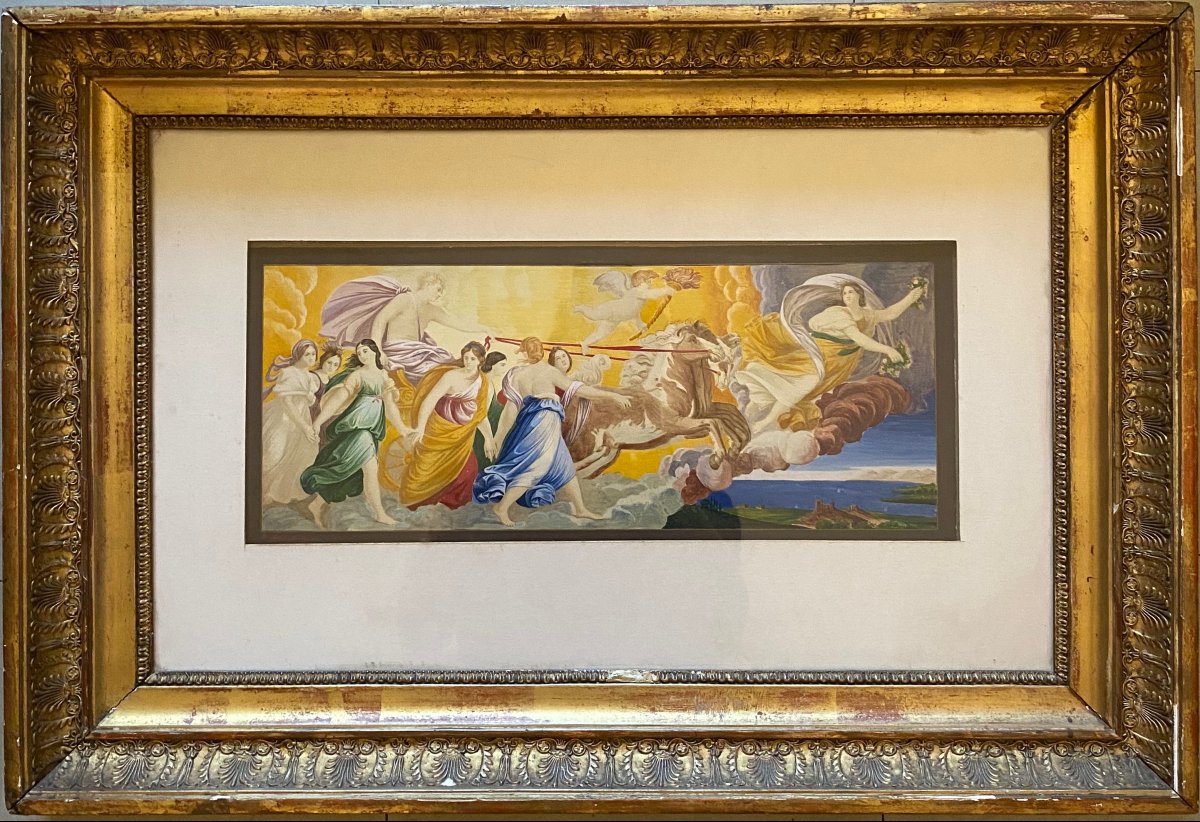 Aquarelle XIXème le char d'Appolon guidé par l'Aurore Guido Reni Cadre à palmettes Directoire