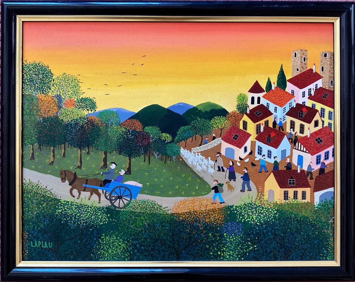 Gérard LAPLAU (1938-2009) Saint-Céré La douceur du soir Envoi de l'artiste Art Naïf-photo-2