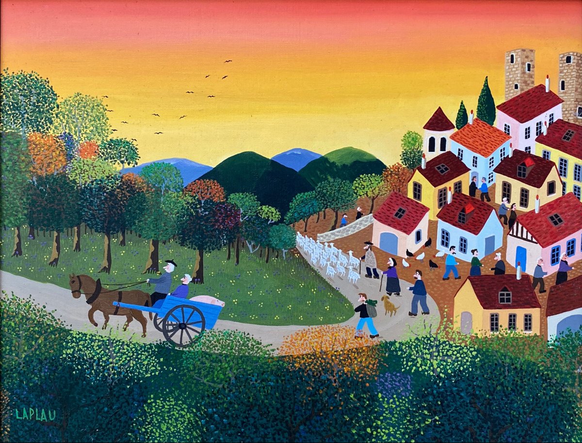 Gérard LAPLAU (1938-2009) Saint-Céré La douceur du soir Envoi de l'artiste Art Naïf